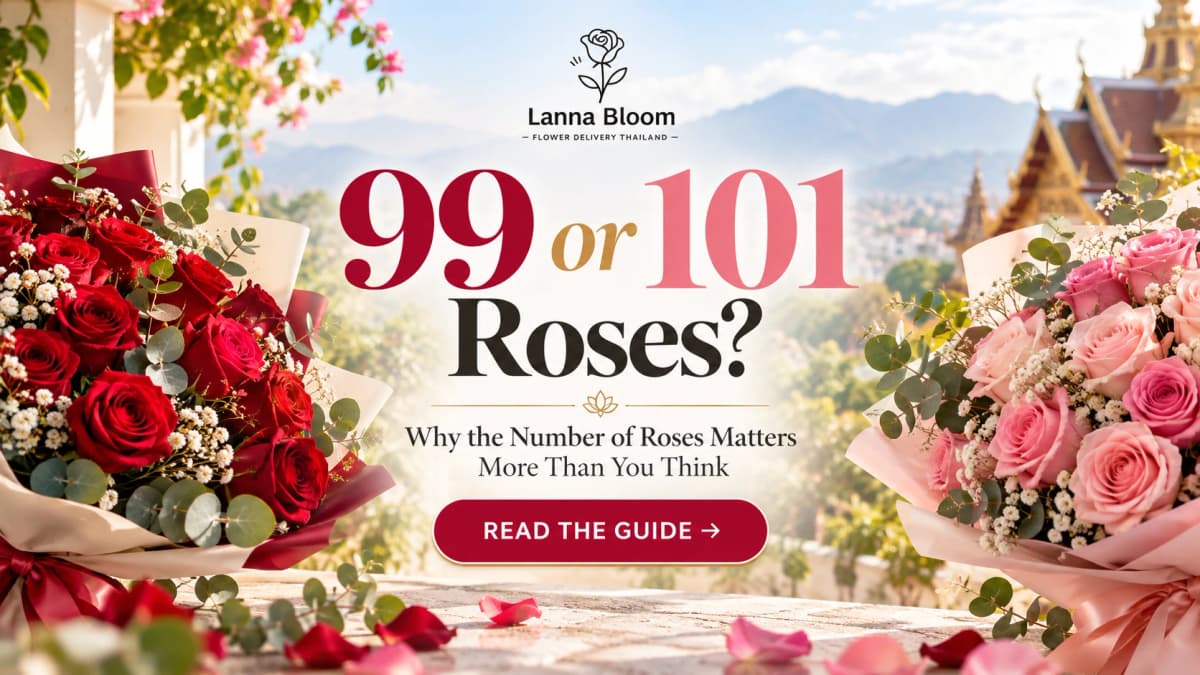 99 or 101 roses: red and pink rose bouquets with a Thai temple and mountains in the background