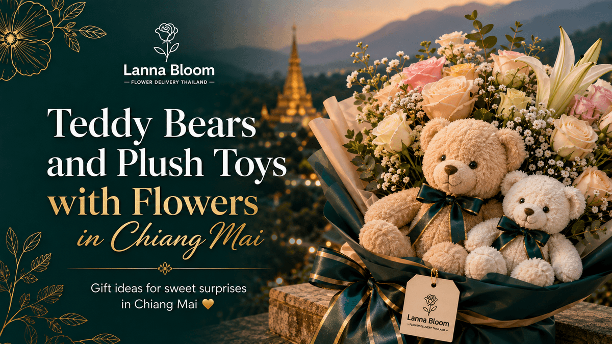 Teddy bears nestled in a peach rose bouquet, Lanna Bloom plush toys with flowers in Chiang Mai