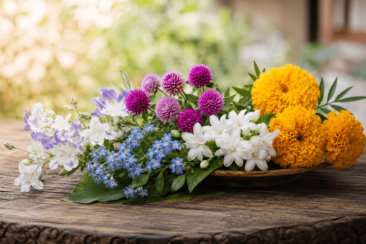 Dok Rak, globe amaranth, forget-me-nots, jasmine and Thai marigolds arranged together