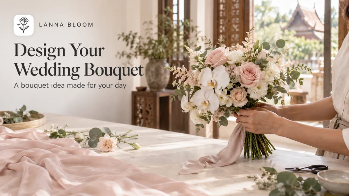 Florist arranging a blush pink and white wedding bouquet with roses and orchids in Chiang Mai