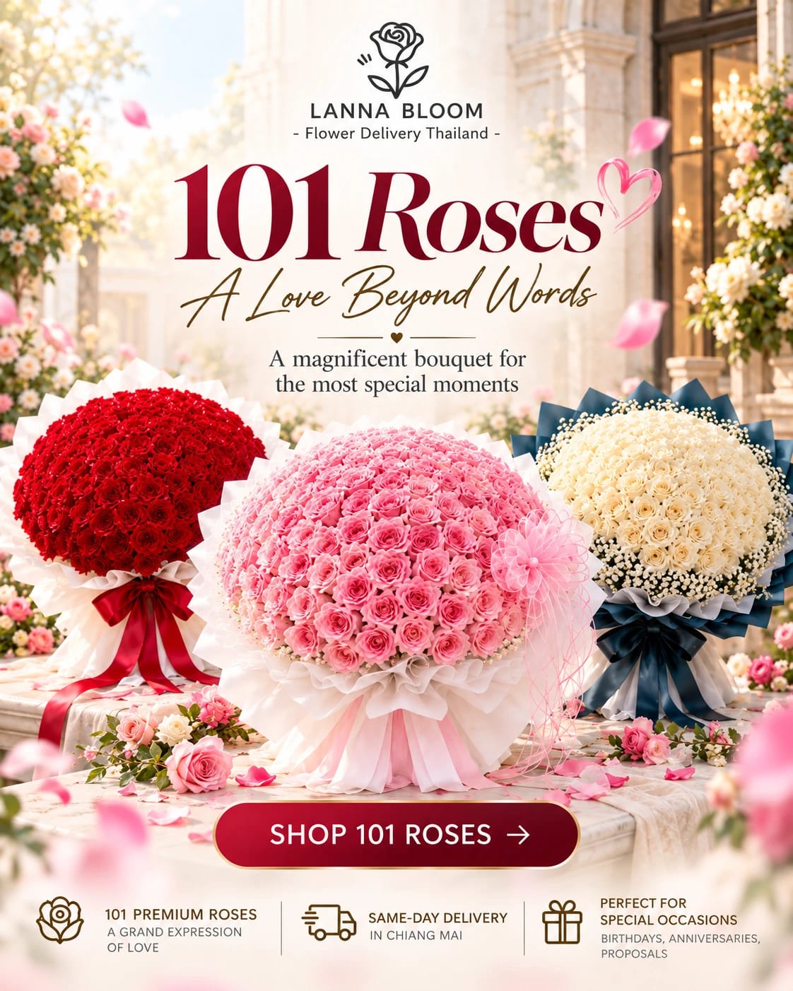 101 朵玫瑰花束,愛意無需言語。在 Lanna Bloom 選購 101 朵玫瑰。