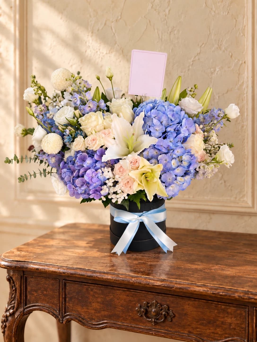Blue Gift Box | Bear & Flowers with Blue and white roses, hydrangeas, baby's breath, eucalyptus, fluffy bear.