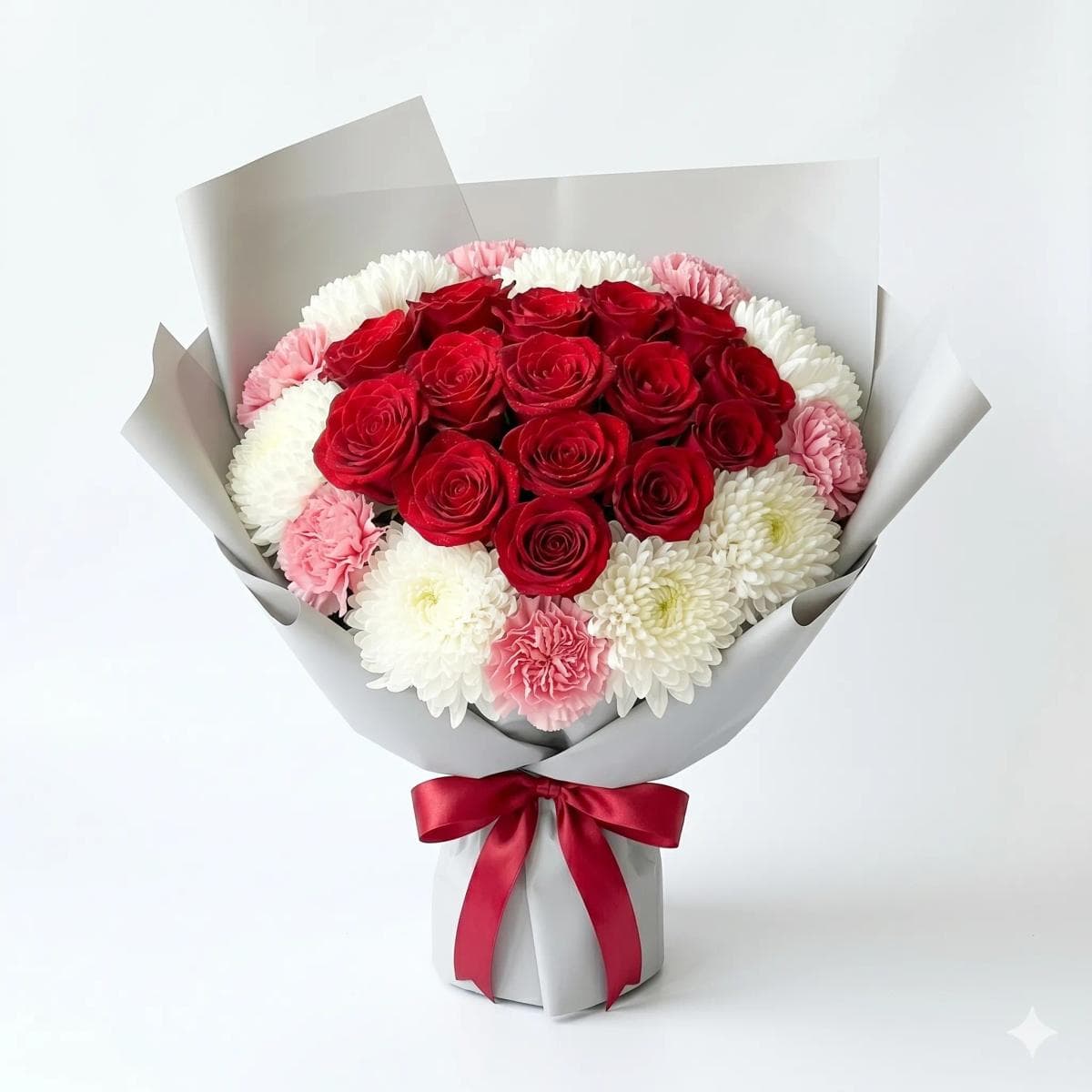 40cm flower bouquet with 9 red roses, 10 white mums, and 8 pink carnations in elegant minimalist matte light-grey wrapping, designed for anniversaries, romance, and special moments in Chiang Mai.