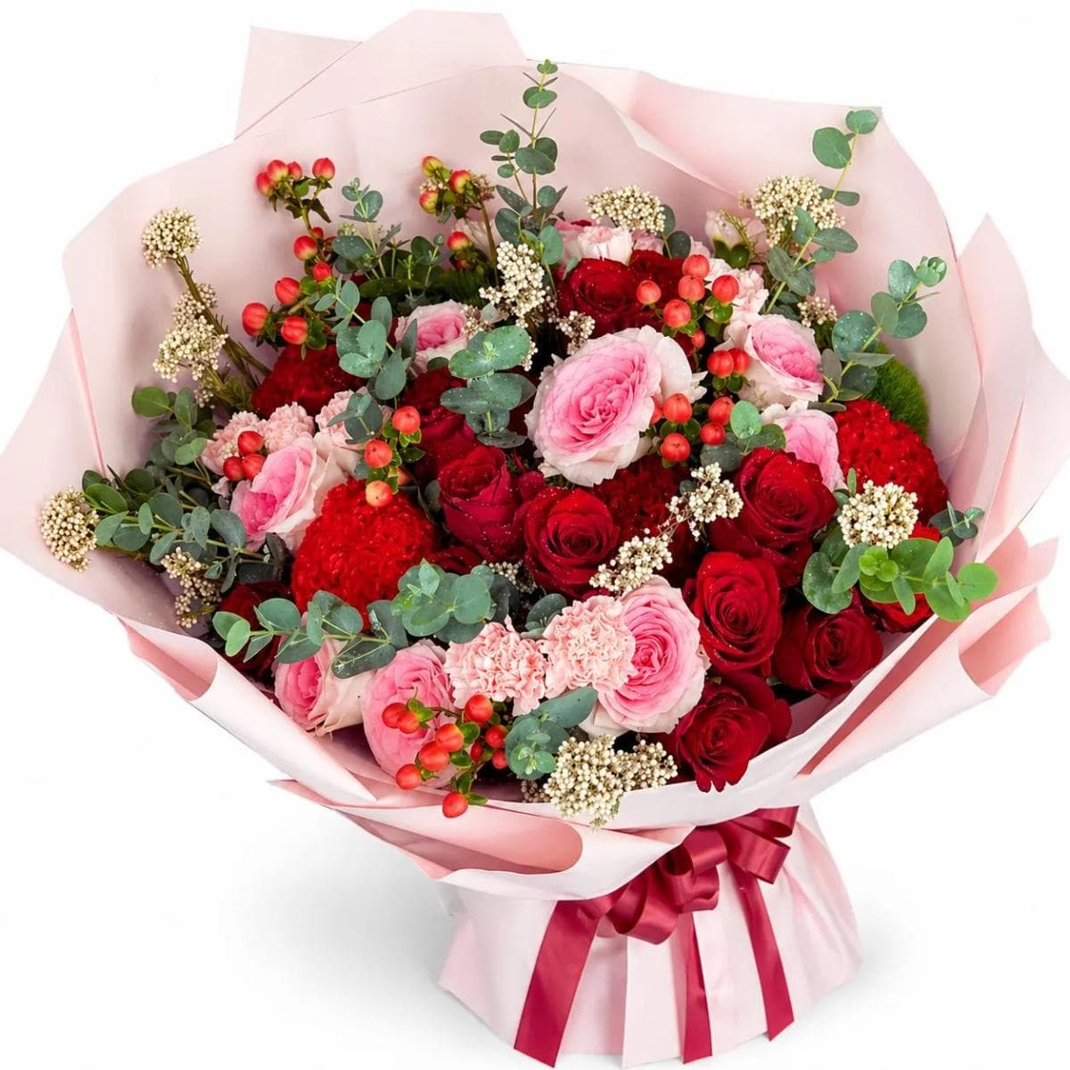 ช่อดอกไม้ Ruby Romance กุหลาบผสมและเซโลเซีย