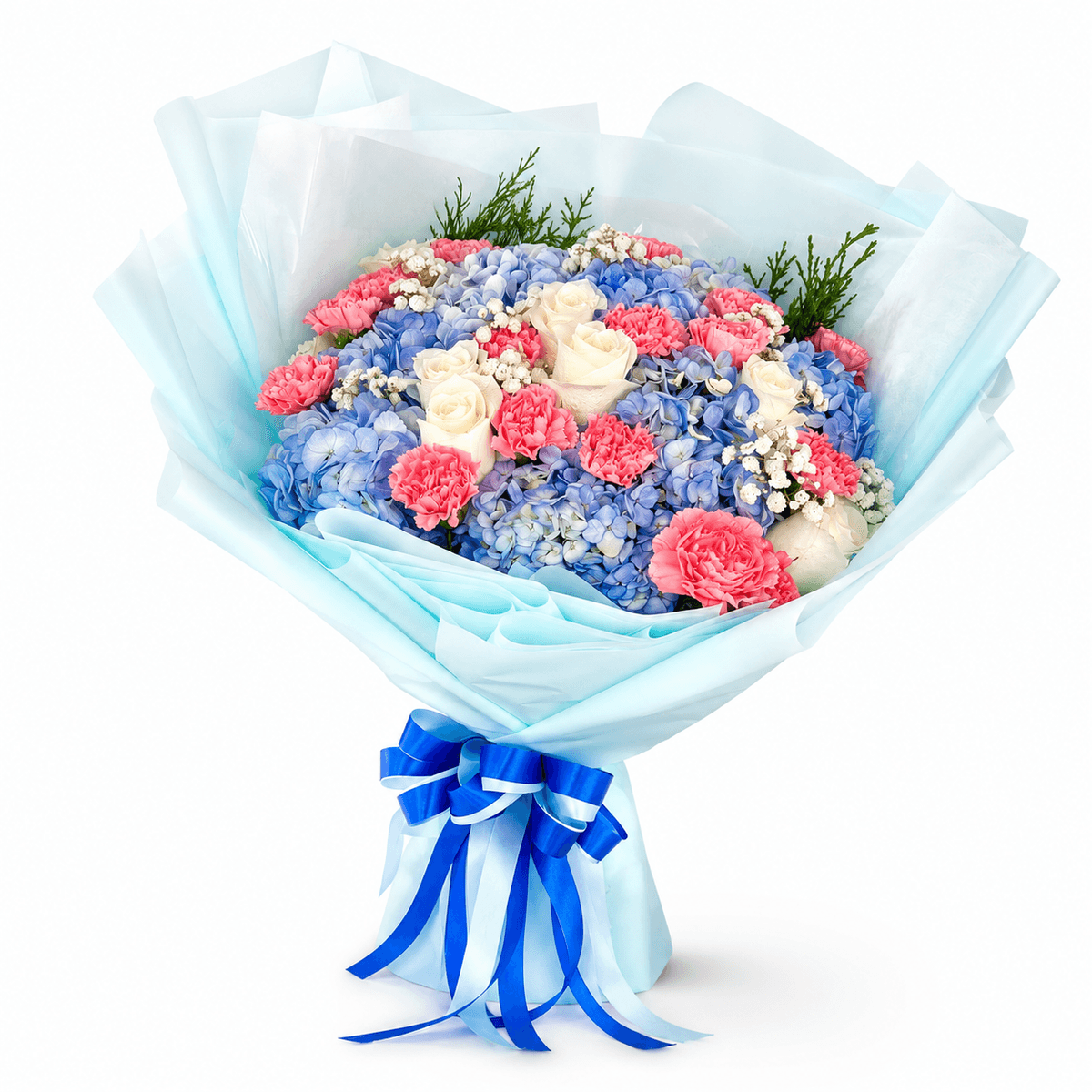A soft mixed bouquet in white and pastel tones — thoughtfully arranged with seasonal blooms and light greenery for a clean, elegant look. Flower types may vary based on daily availability, while the overall style and color palette stay the same.