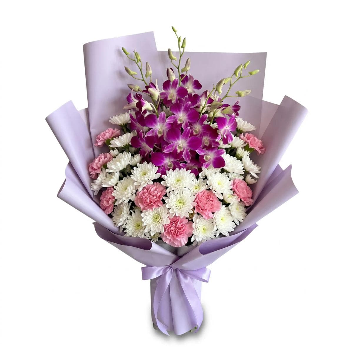 40cm flower bouquet with 20 purple orchids, 10 white mums, and 8 pink carnations in luxurious deep plum matte wrapping, designed for premium gifting, business occasions, and elegant floral impressions in Chiang Mai.