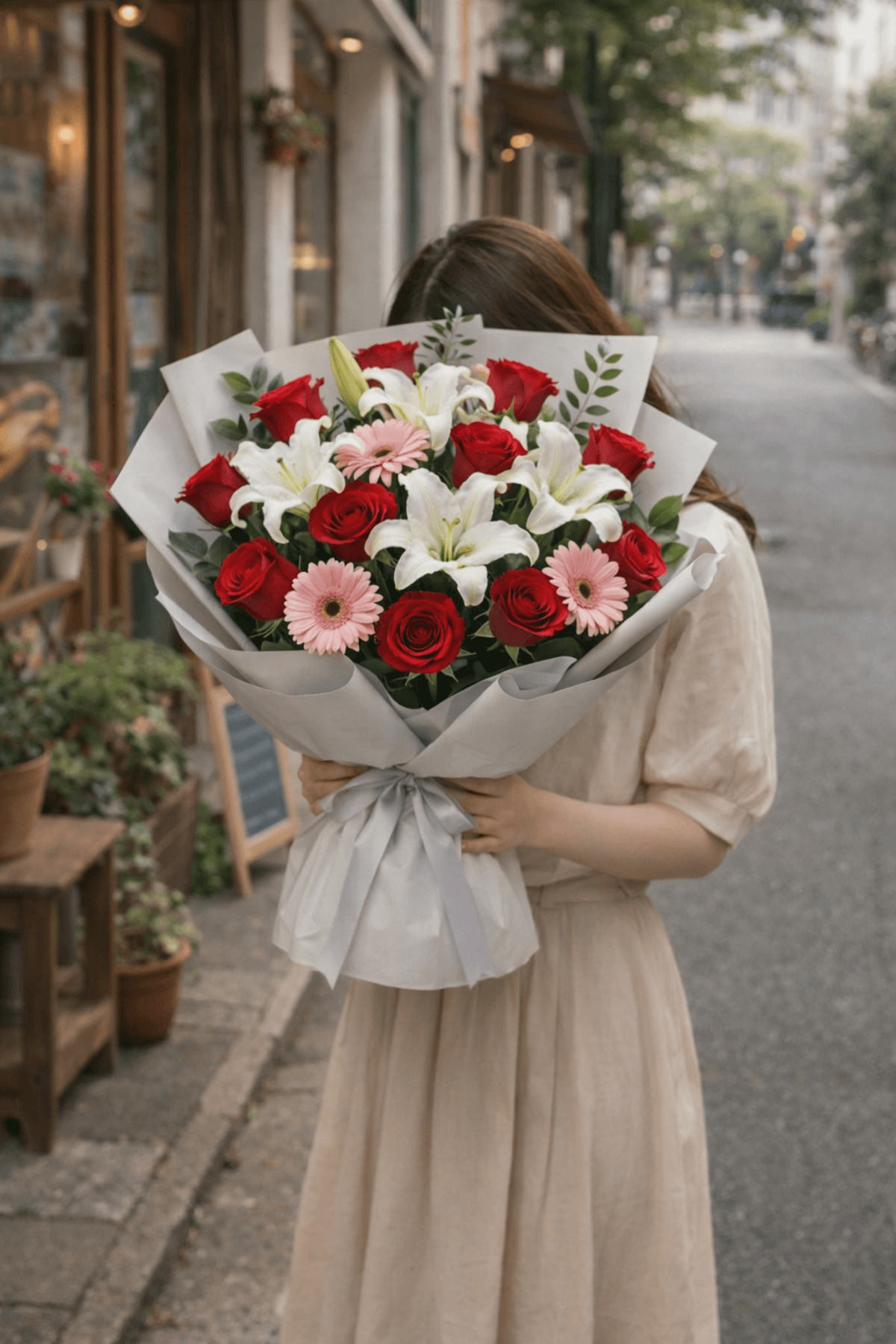 A classic and elegant mixed bouquet combining bold red, soft pink, and pure white flowers. A balanced composition that suits both formal and emotional occasions.