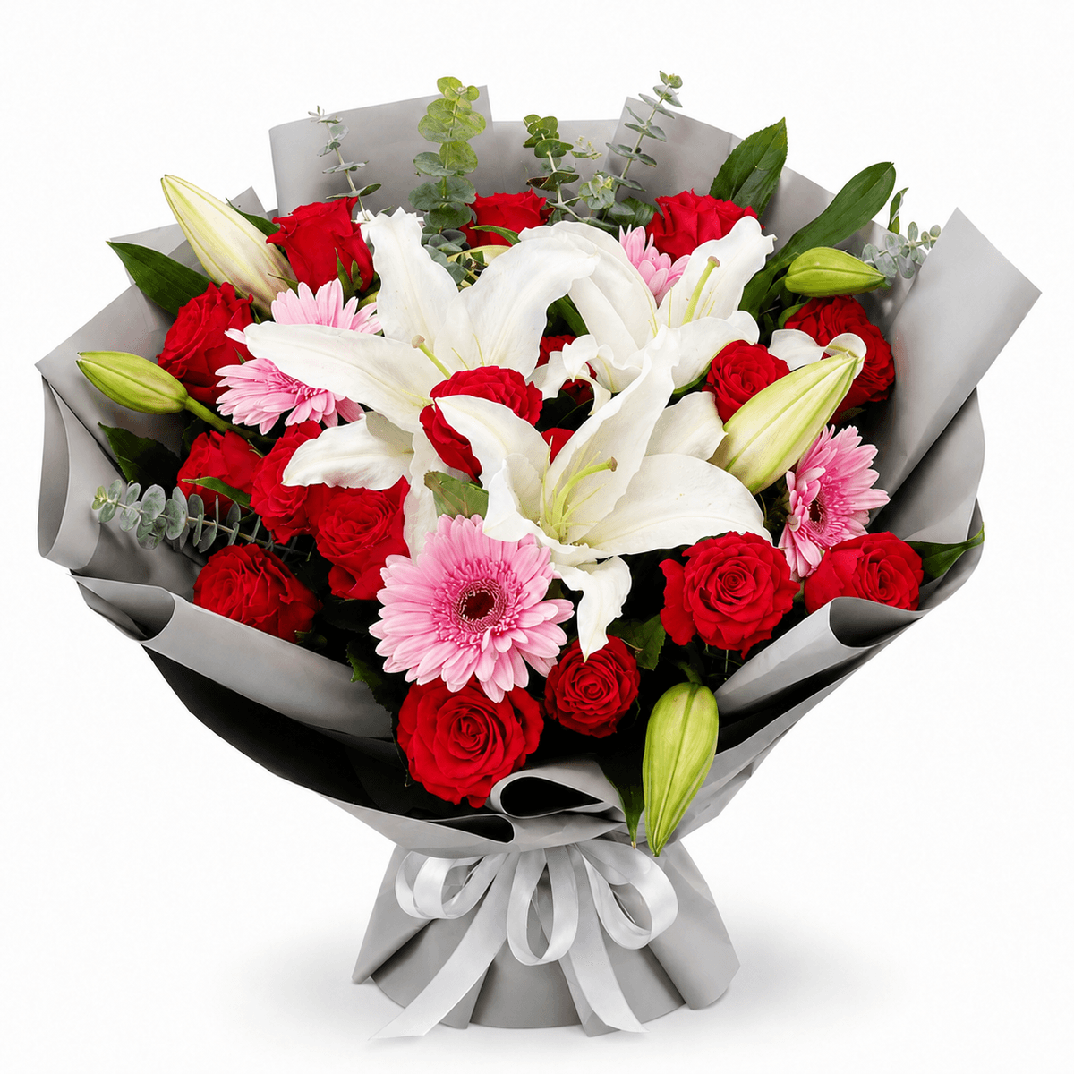 A classic and elegant mixed bouquet combining bold red, soft pink, and pure white flowers. A balanced composition that suits both formal and emotional occasions.