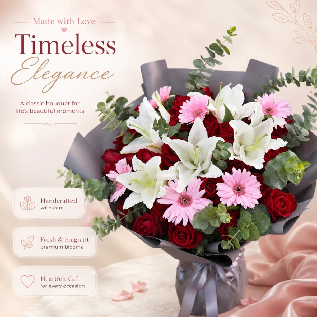 White Lily and Red Roses in Elegant Classic Mix
