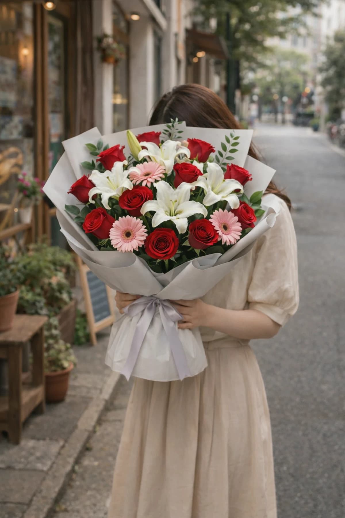 White Lily and Red Roses in Elegant Classic Mix