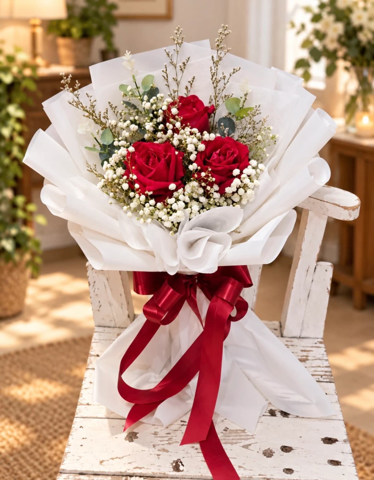 3 Red Rose Bouquet with Red roses, eucalyptus, mixed greens, paper wrapping with a ribbon.