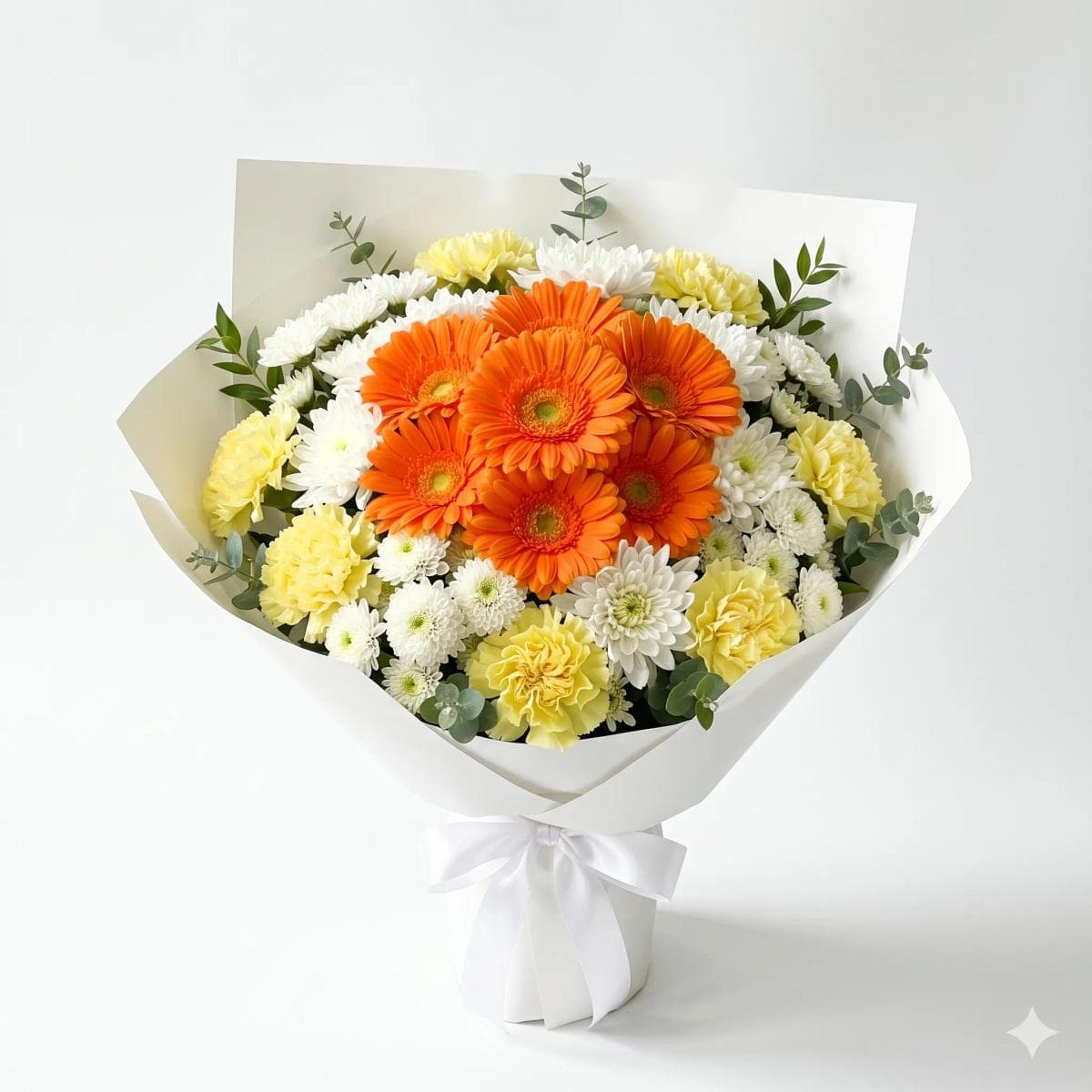 35cm flower bouquet with 8 orange gerbera, 6 yellow carnations, and 8 white mums in minimalist white wrapping, designed for congratulations, graduations, and joyful celebrations in Chiang Mai.