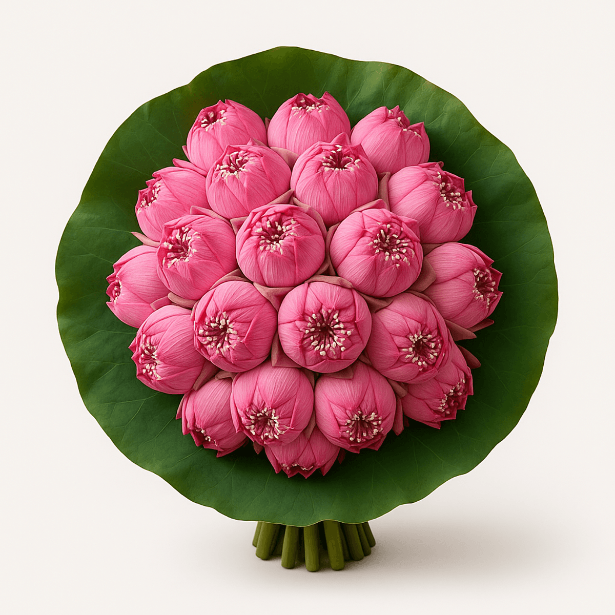 Elegant pink lotus bouquet wrapped in leaves