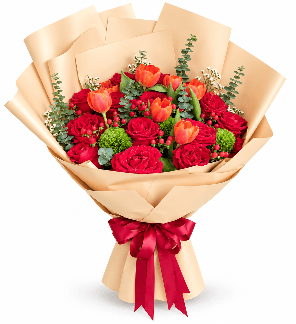 Crimson & Clementine Luxury Bouquet with Main Flowers: Premium red roses and bright orange tulips. Supporting Flowers: Red