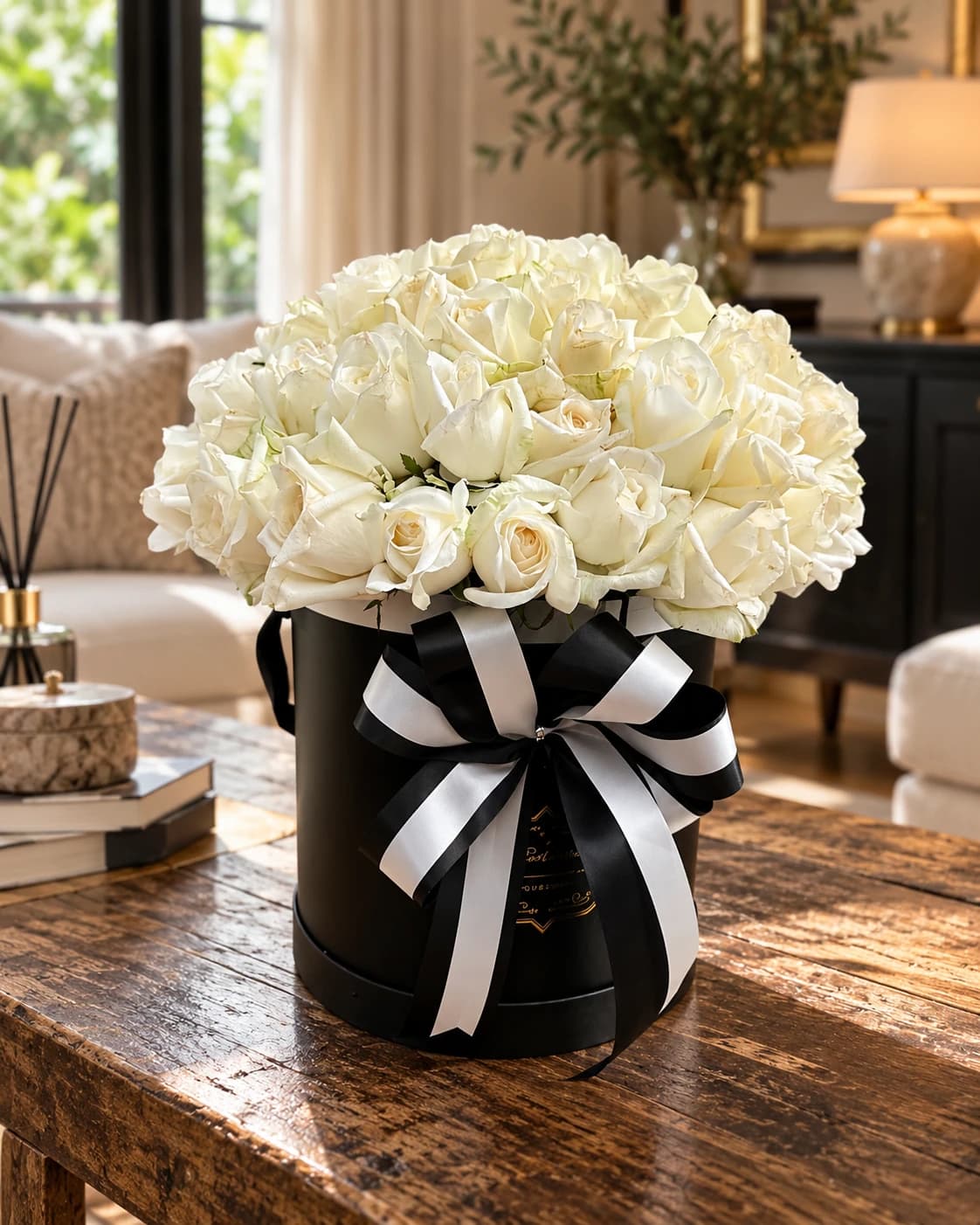 Elegant White Rose Box with Fresh white roses, Silver ribbon, circular black box with a lid.