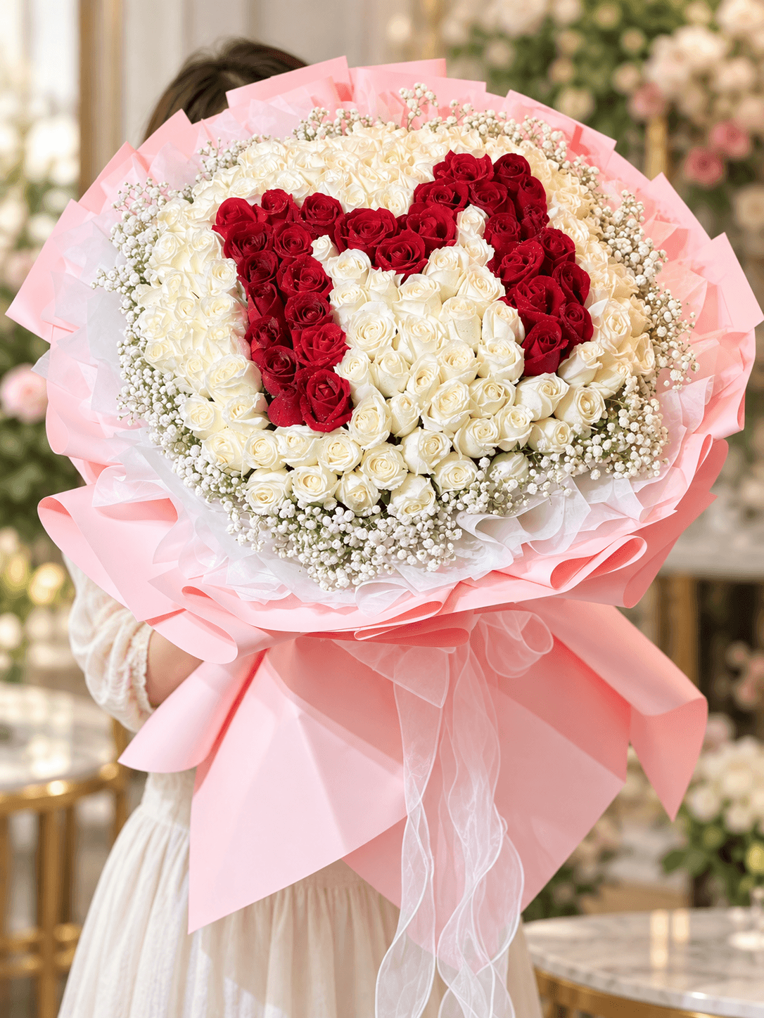 Birthday Pink Roses and Baby's Breath Bouquet with Roses, baby's breath, white wrapping.