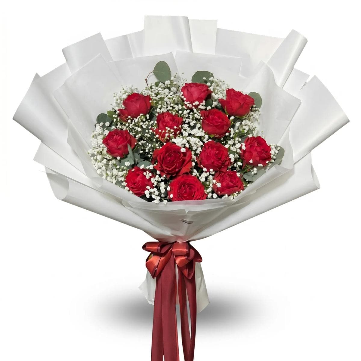 A bold, romantic rose bouquet arranged in a rounded hand-tied style. Full and eye-catching, balanced with delicate baby’s breath and fresh greenery for a soft finish. Perfect for anniversaries, birthdays, celebrations, or a powerful “I love you.” Classic, elegant, and unforgettable.