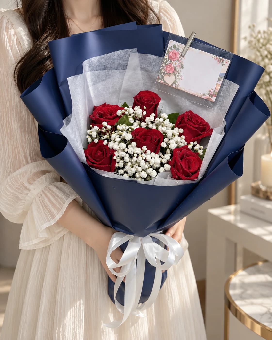 ช่อกุหลาบแดงคลาสสิกไซซ์มินิ ประกอบด้วย กุหลาบ 7 ดอก, ดอกยิปโซ (Gypsophila) และไม้ประดับรวม