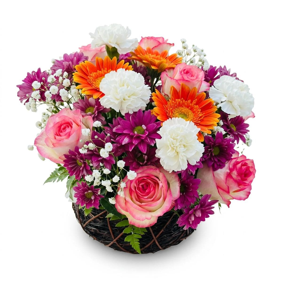 Mixed flower basket with pink roses, white carnations, purple chrysanthemums, orange gerberas, and white baby’s breath in a dark woven basket. This colorful flower basket is a good choice for birthday flowers, congratulations flowers, thank you gifts, and flower basket delivery in Chiang Mai.
Size: width 40cm, height 30cm