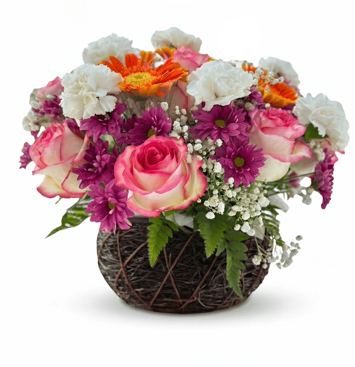 Mixed flower basket with pink roses, white carnations, purple chrysanthemums, orange gerberas, and white baby’s breath in a dark woven basket. This colorful flower basket is a good choice for birthday flowers, congratulations flowers, thank you gifts, and flower basket delivery in Chiang Mai.
Size: width 40cm, height 30cm