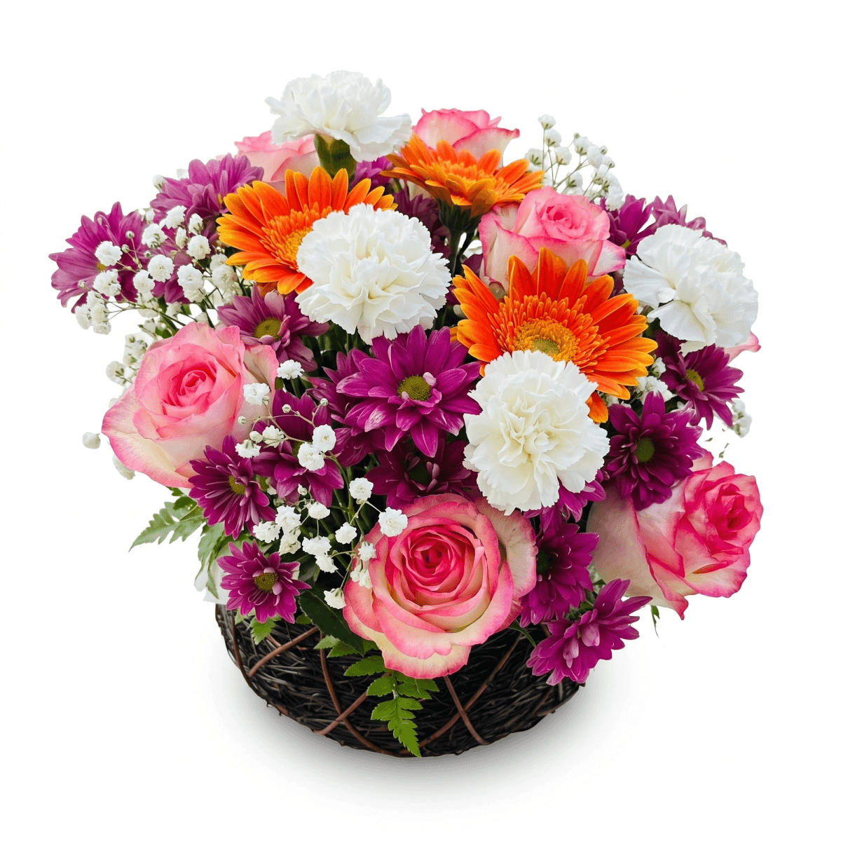 Mixed flower basket with pink roses, white carnations, purple chrysanthemums, orange gerberas, and white baby’s breath in a dark woven basket. This colorful flower basket is a good choice for birthday flowers, congratulations flowers, thank you gifts, and flower basket delivery in Chiang Mai.
Size: width 40cm, height 30cm