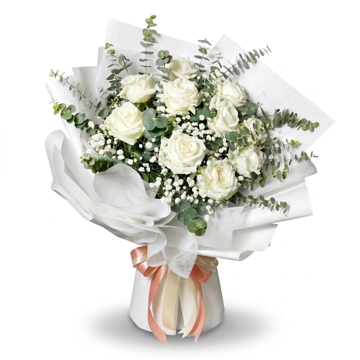A big, premium bouquet featuring fresh roses, delicate baby’s breath, and seasonal greenery for a full, elegant look. Wrapped with quality paper and finished with a ribbon — a perfect choice for big celebrations, anniversaries, birthdays, or heartfelt congratulations.