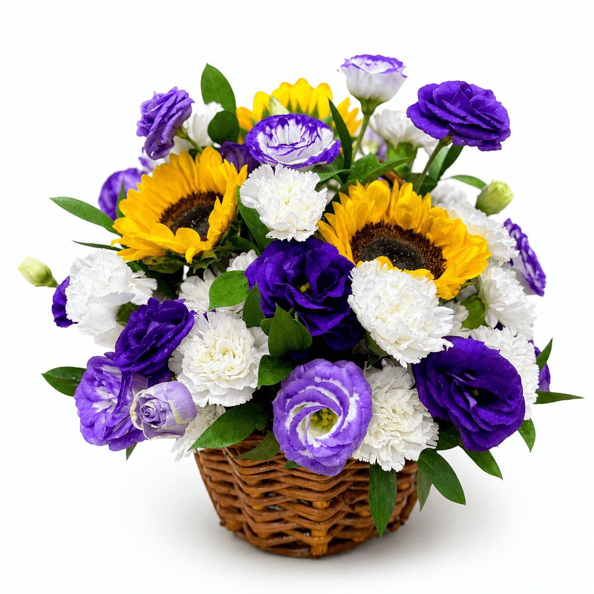 Flower basket with purple lisianthus, sunflowers, white carnations, and white chrysanthemums arranged in a woven basket with fresh greenery. The strong contrast between deep purple and bright yellow makes this basket suitable for birthday gifts, congratulations, thank you flowers, and flower basket delivery in Chiang Mai.
Size: width 30cm, height 30cm
