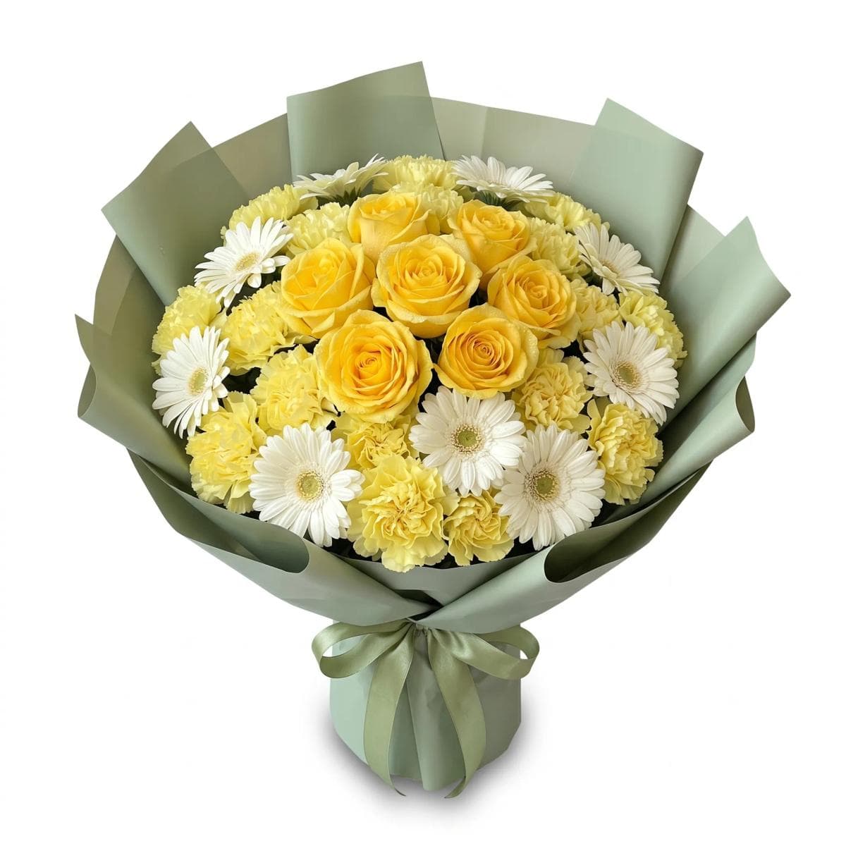 35cm flower bouquet with 7 yellow roses, 6 yellow carnations, and 5 white gerbera in sunny yellow matte wrapping, designed for thank you gifts, friendship, and bright everyday moments in Chiang Mai.