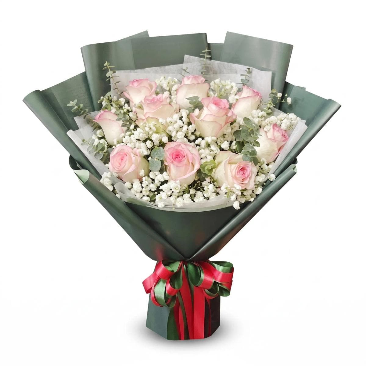 A rounded hand-tied rose bouquet with a soft, elegant feel. Light and airy with delicate filler and fresh greenery—perfect for birthdays, anniversaries, congratulations, or sending gentle love and care. Clean, romantic, and timeless.