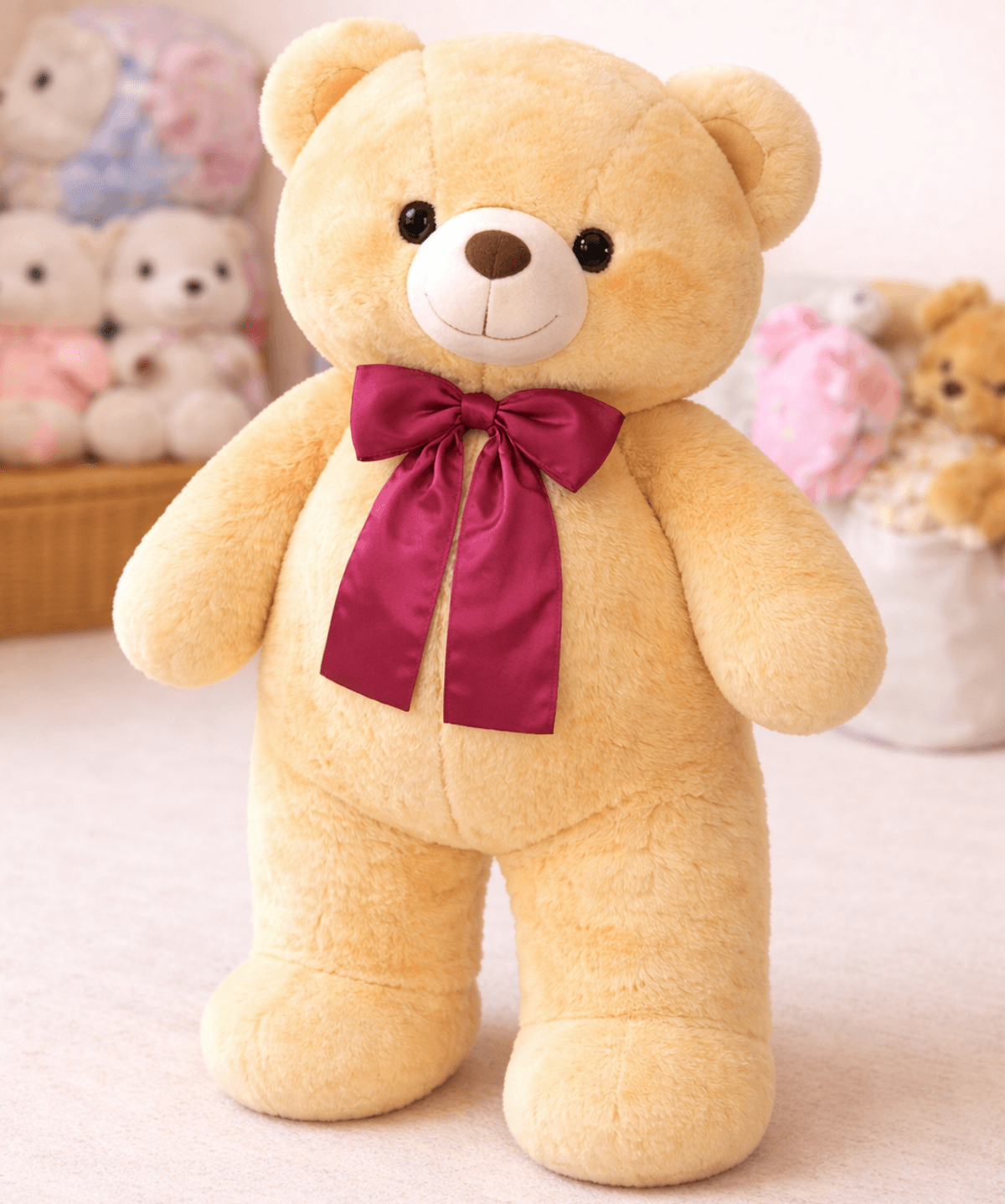 A soft and adorable large cream teddy bear with an elegant ribbon bow, perfect for romantic gifts, flower arrangements, and unforgettable special occasions. Size: 157 cm (62 inches).
