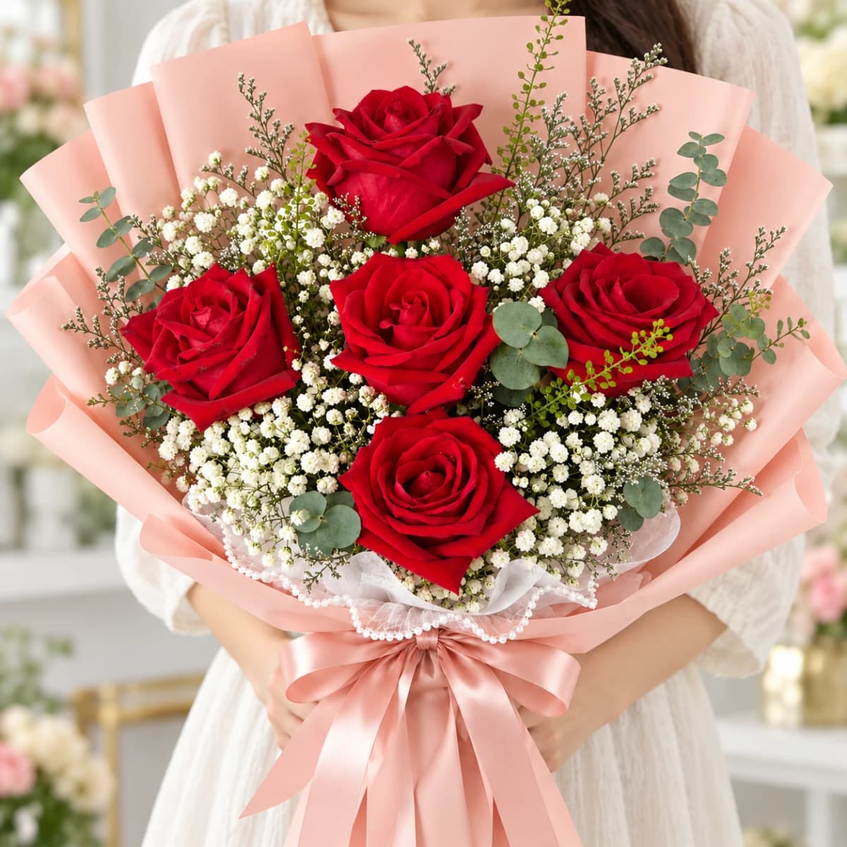 Elegant red rose bouquet wrapped in pink paper for special occasions.