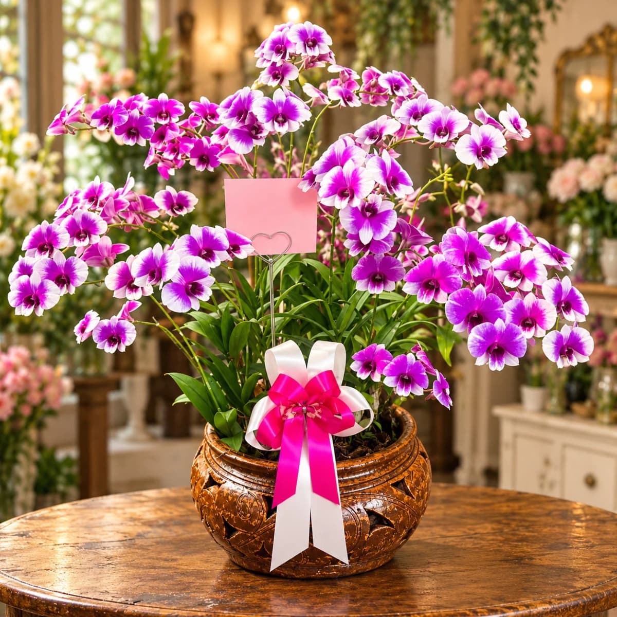 Elegant potted purple orchid arrangement for birthday celebrations.