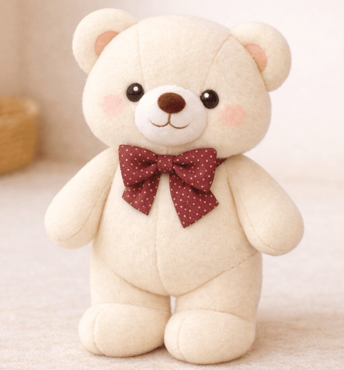 A soft and charming cream teddy bear with a cute patterned bow, perfect for gifts, flower arrangements, and memorable special occasions. Size: 66 cm.