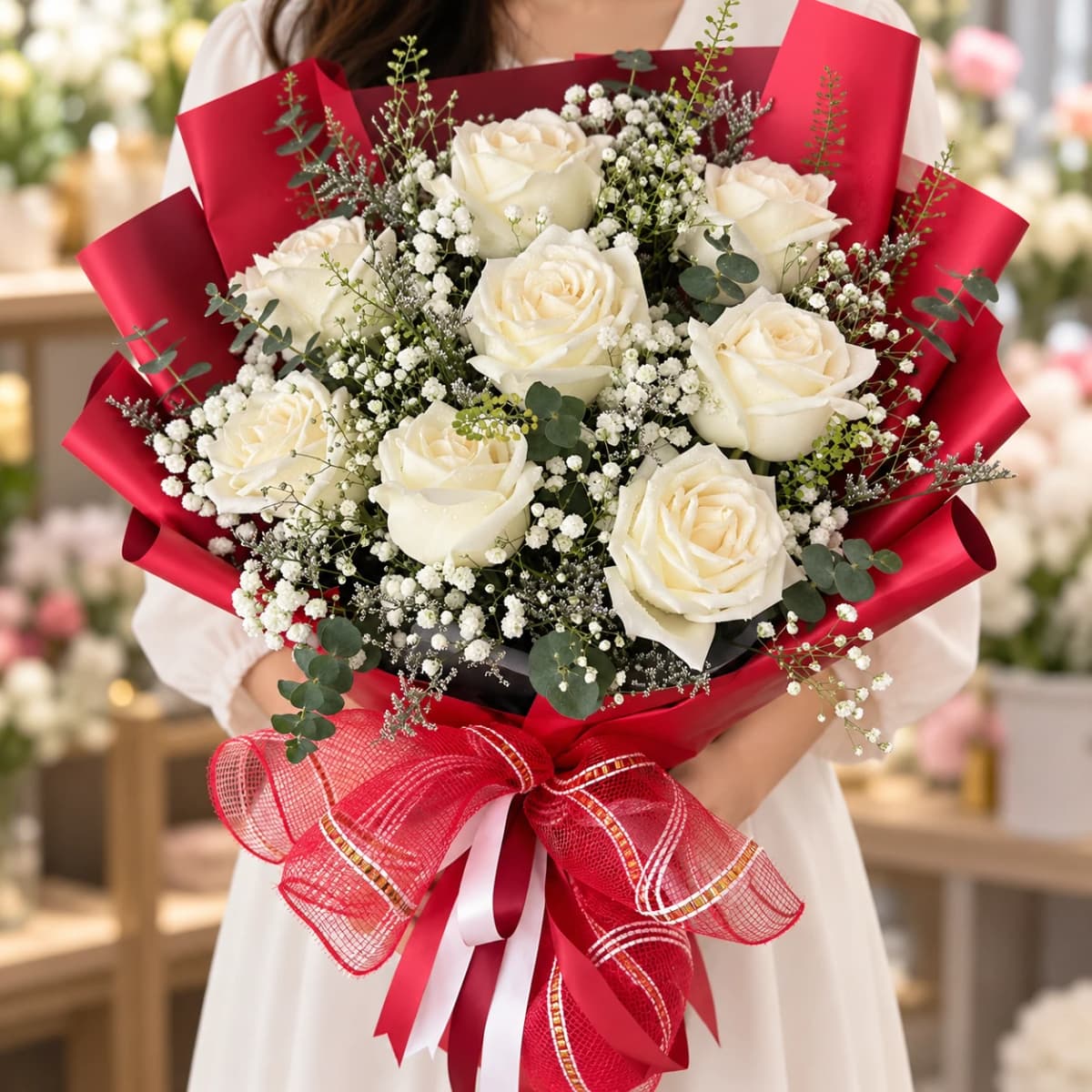 Elegant white rose bouquet with baby's breath, perfect for special occasions.