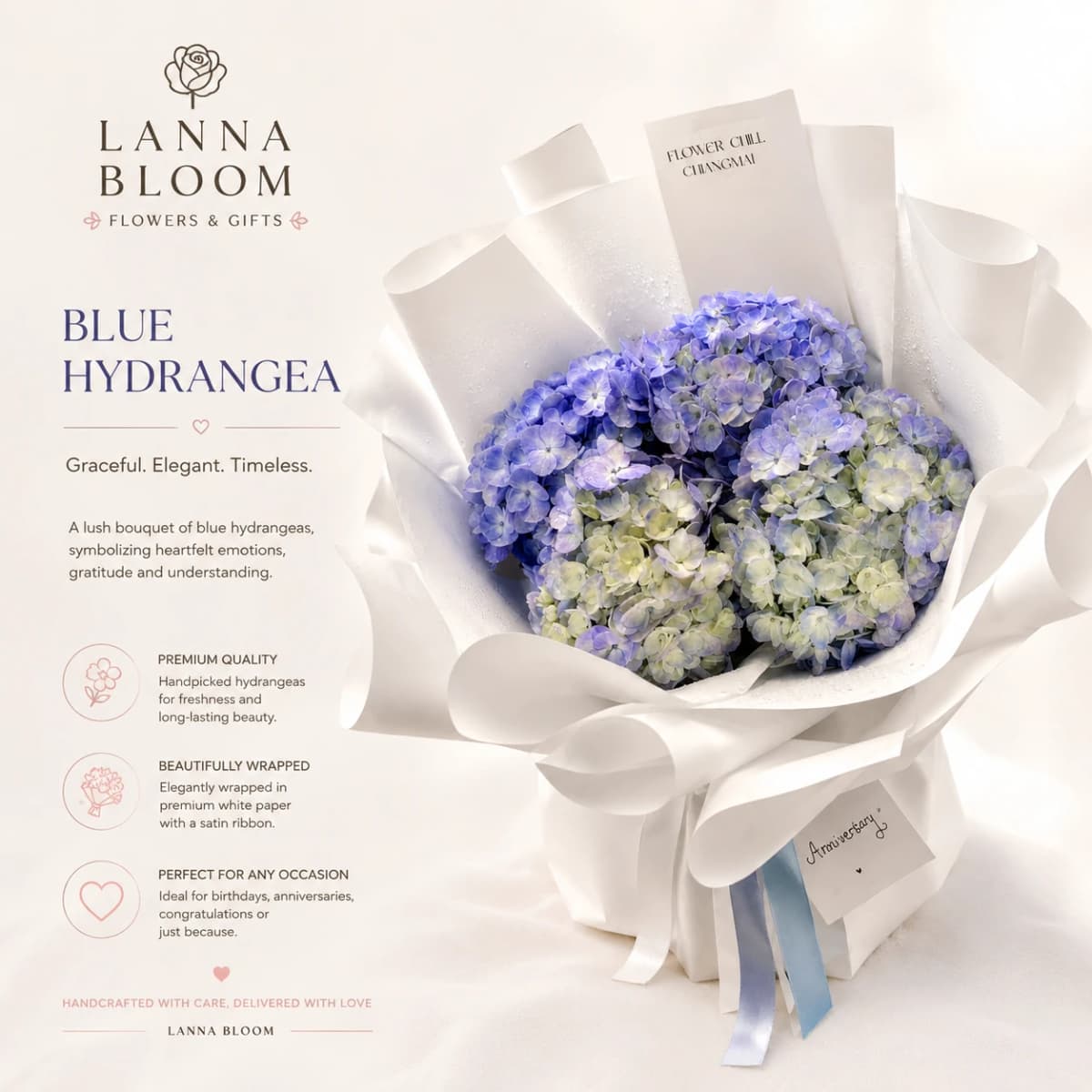 Blue hydrangea bouquet flower delivery Thailand Lanna Bloom