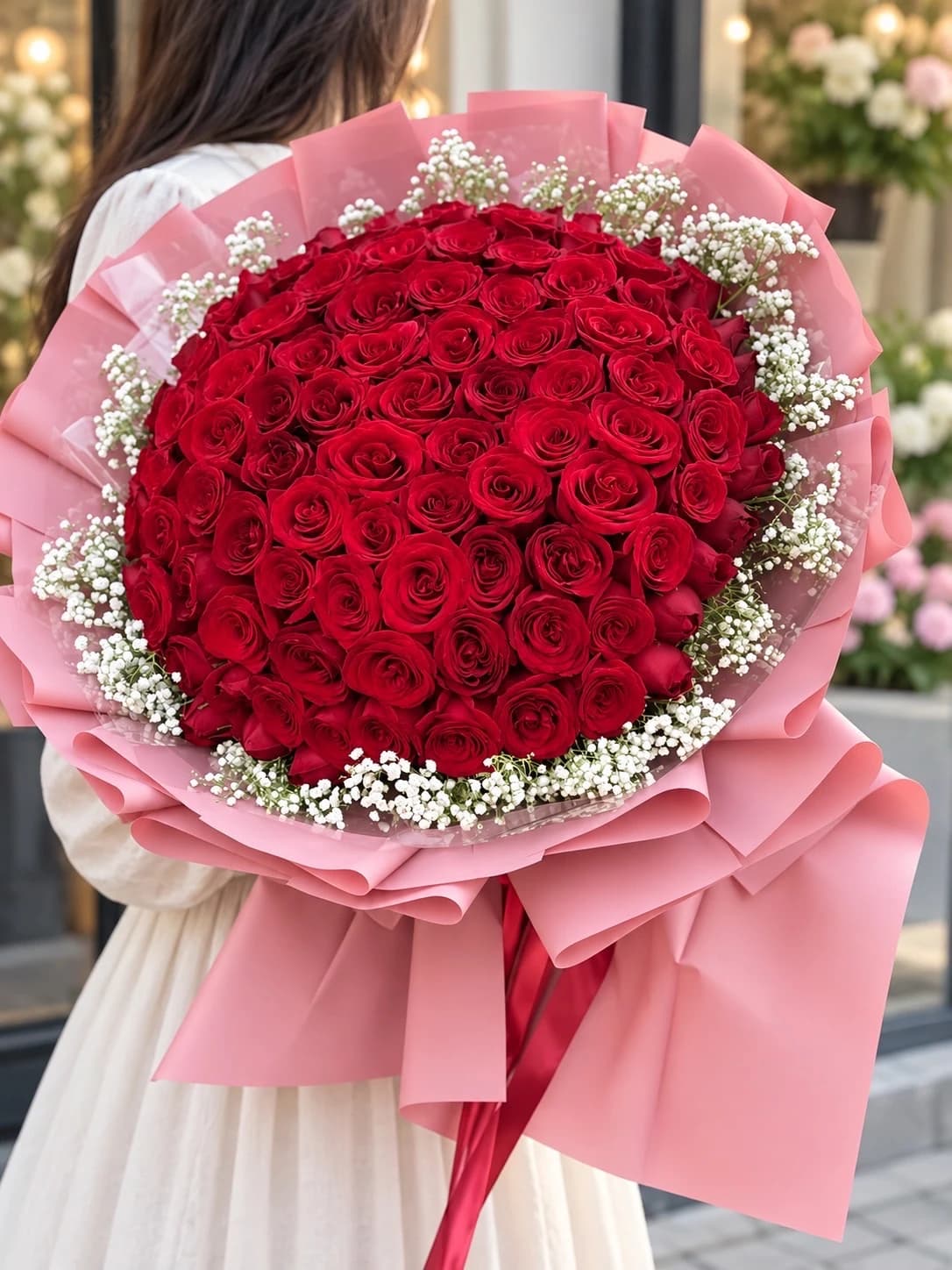 ช่อดอกกุหลาบสีแดง 99 ดอกที่ห่อด้วย