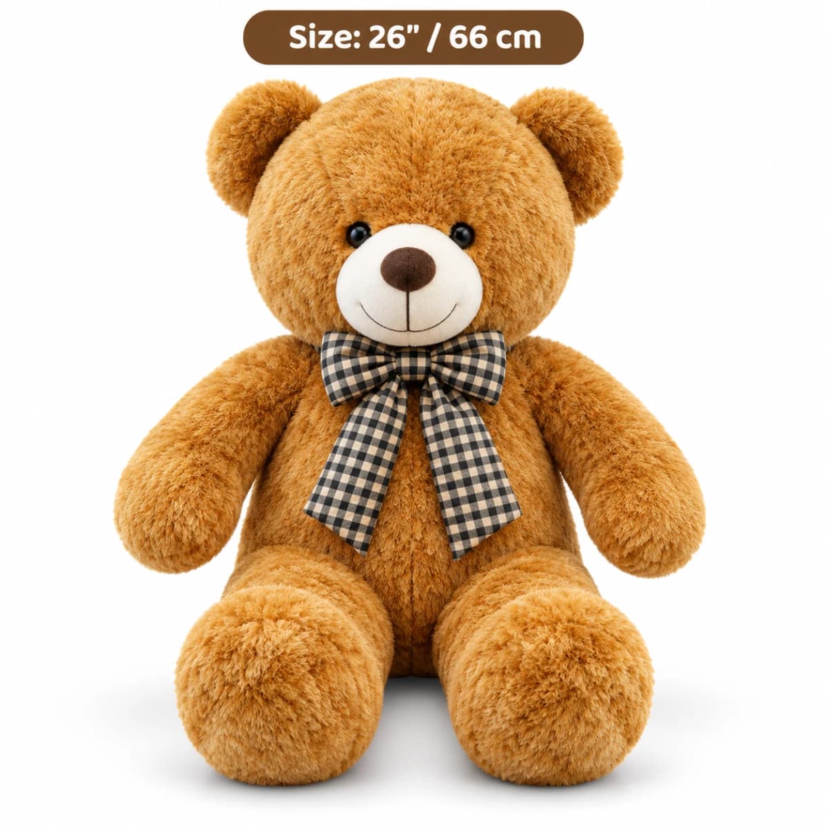 Soft 26-inch (66 cm) plush teddy bear with a charming checkered bow, available in multiple colors.