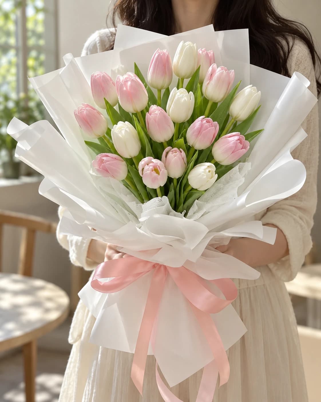 ช่อดอกทิวลิปสีชมพูและขาวสุดน่ารักสำหรับวันเกิด