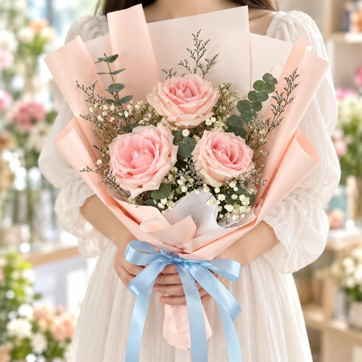 Three pink roses bouquet wrapped in pink paper.