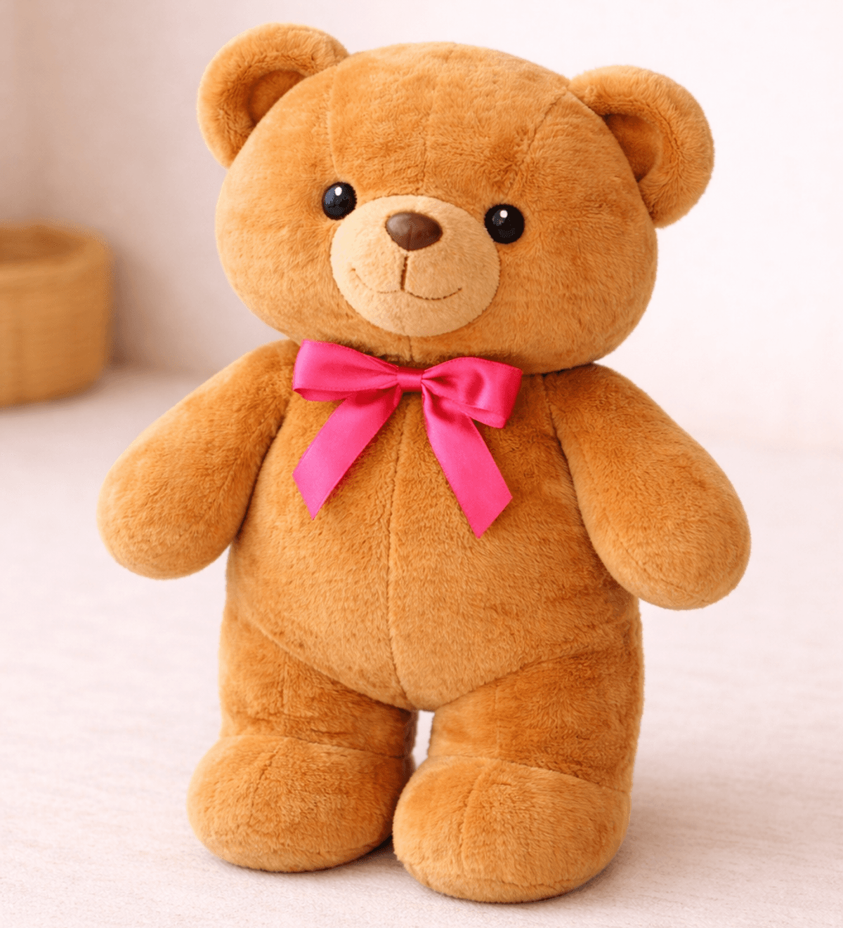 A soft and lovable brown teddy bear with a bright pink ribbon, perfect for gifting, flower arrangements, and sweet special occasions. Size: 54 cm.