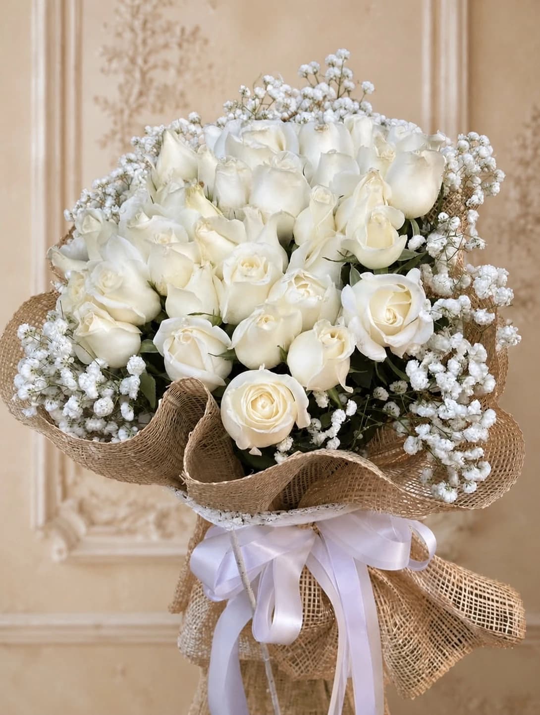 Elegant white rose bouquet wrapped in burlap.