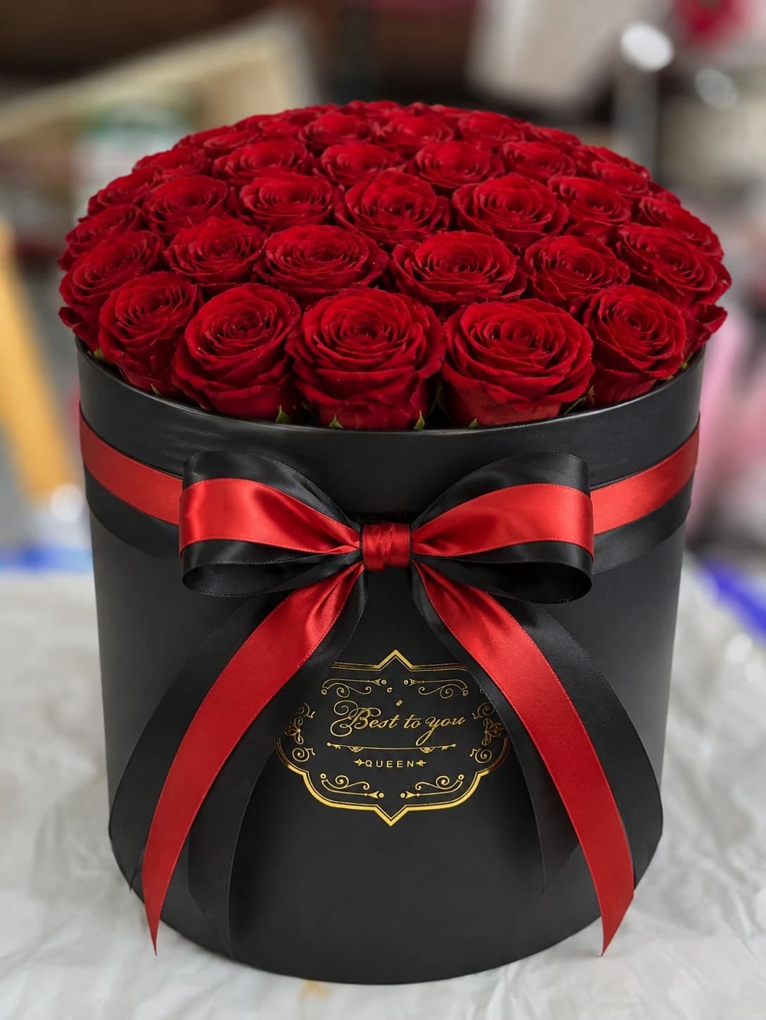 Red Roses Black Round Paper Box with Ribbon