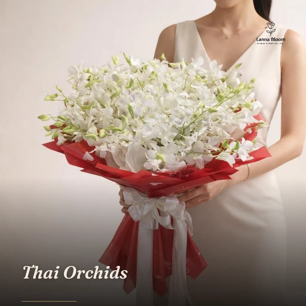 Elegant white orchid bouquet with red wrapping.