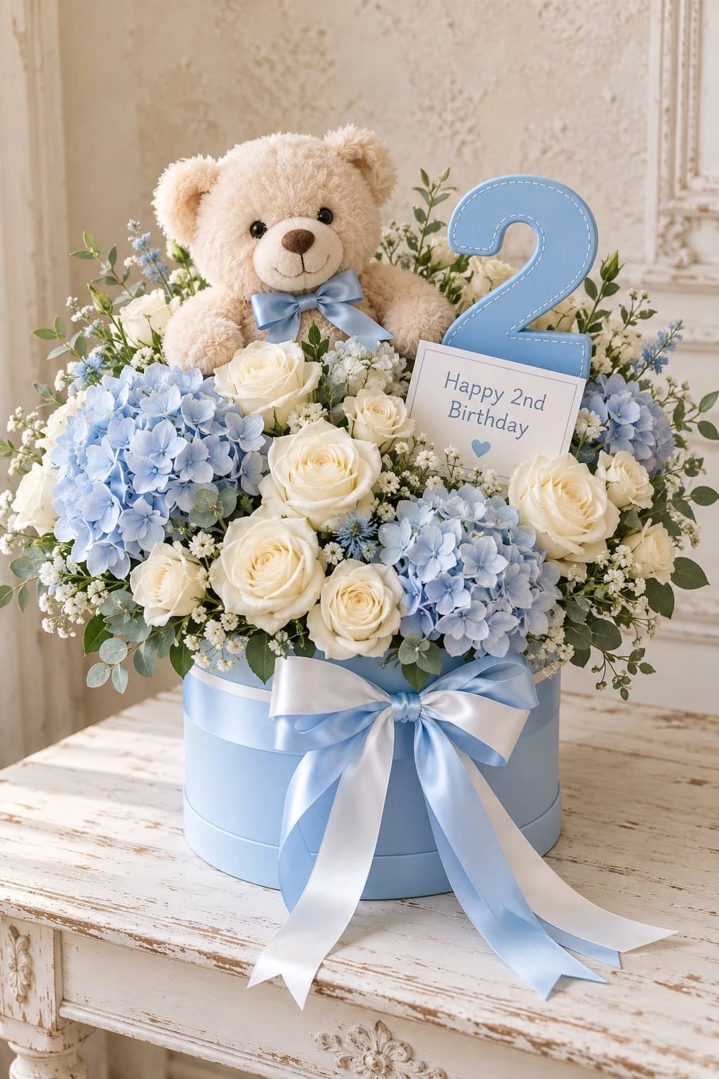 การจัดดอกไม้ในกล่องน้ำเงินพร้อมหมี plush สำหรับของขวัญวันเกิด.