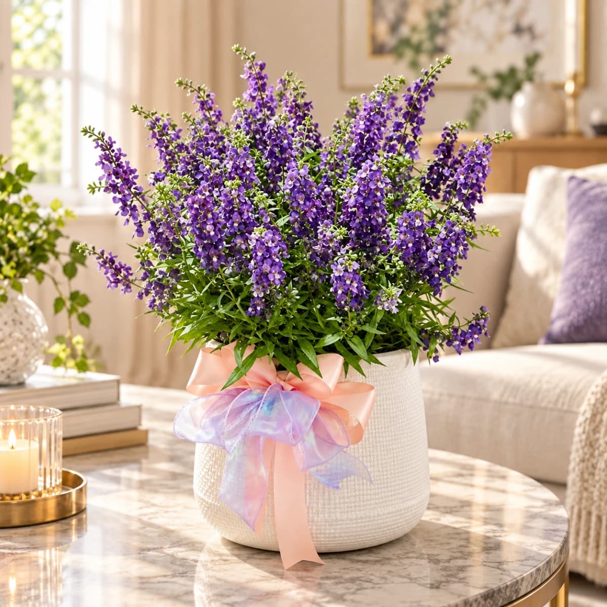 Purple forget-me-not flowers in a white textured pot.
