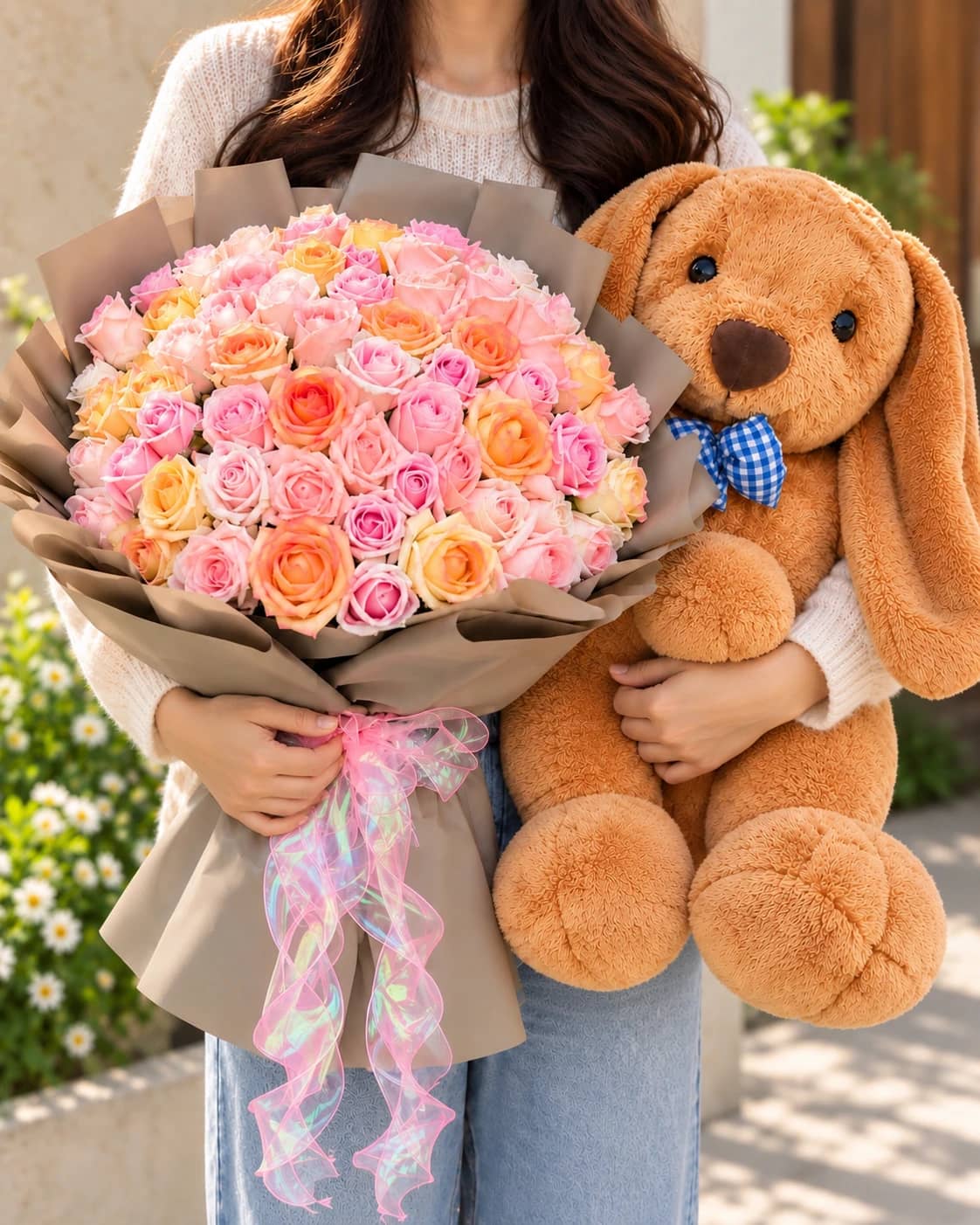 51 Pink and Yellow Orange roses Flower bouquet and Big Plushy Rabbit Toyavailable for Chiang Mai delivery