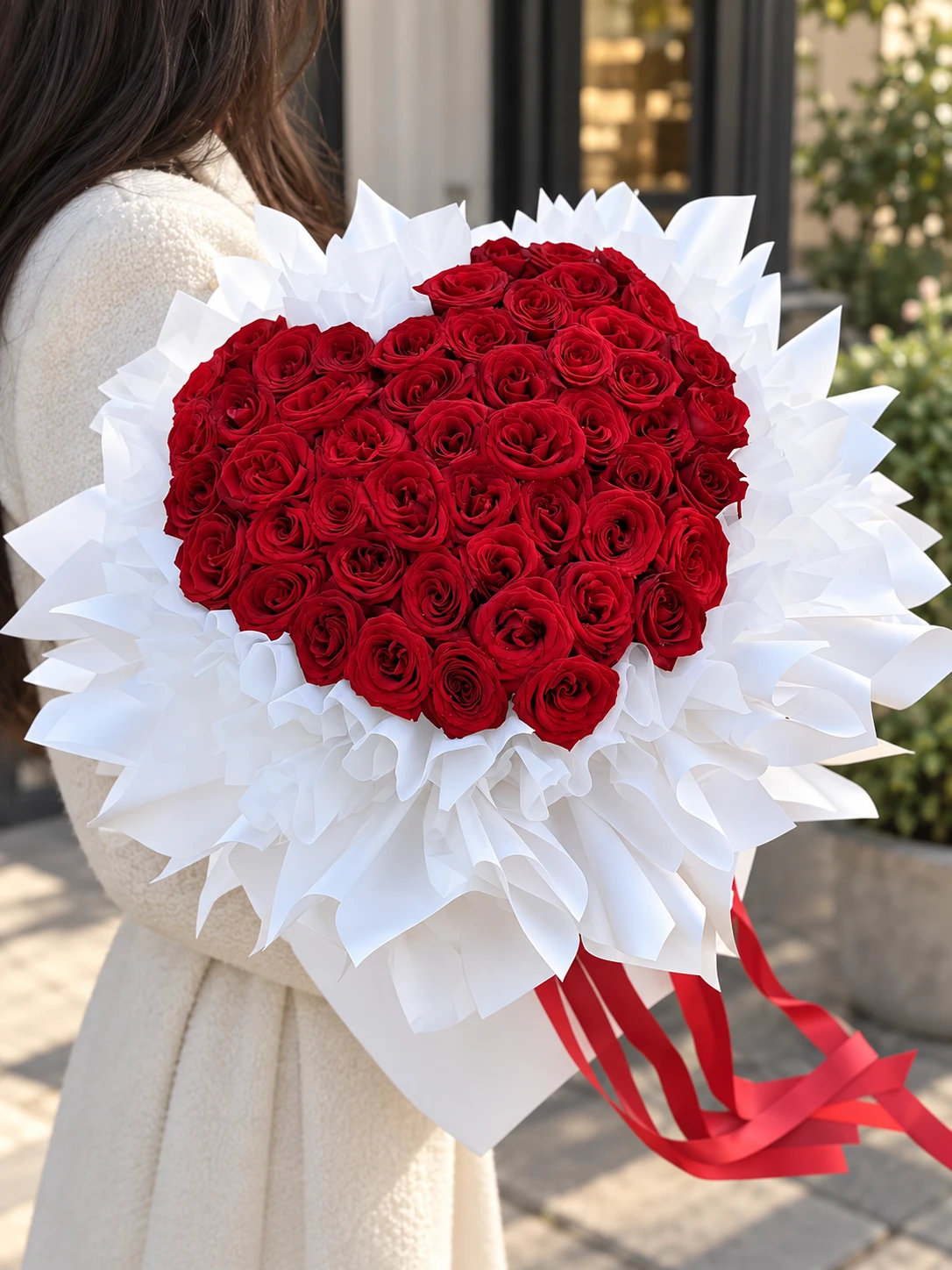 กุหลาบแดงจัดเป็นรูปหัวใจ ห่อด้วยกระดาษสีขาวจับจีบและริบบิ้นแดงยาว