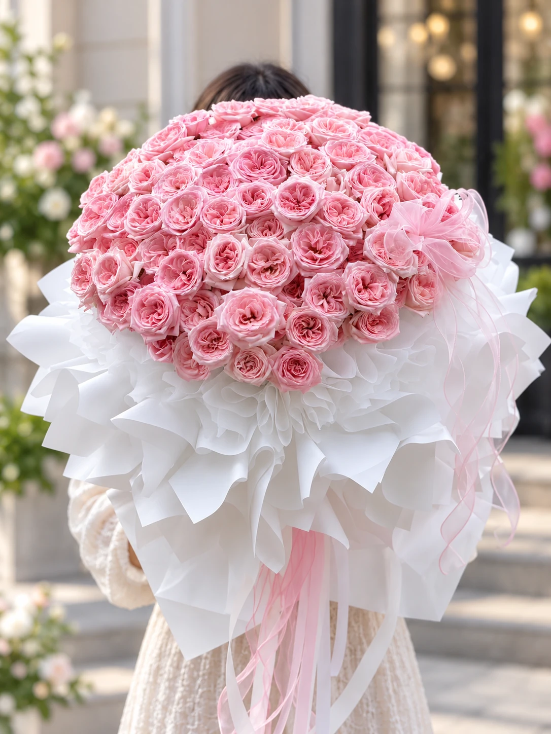ช่อกุหลาบสีชมพูทรงกลมขนาดใหญ่ ห่อด้วยกระดาษสีขาวจับจีบและโบว์สีชมพูโปร่ง