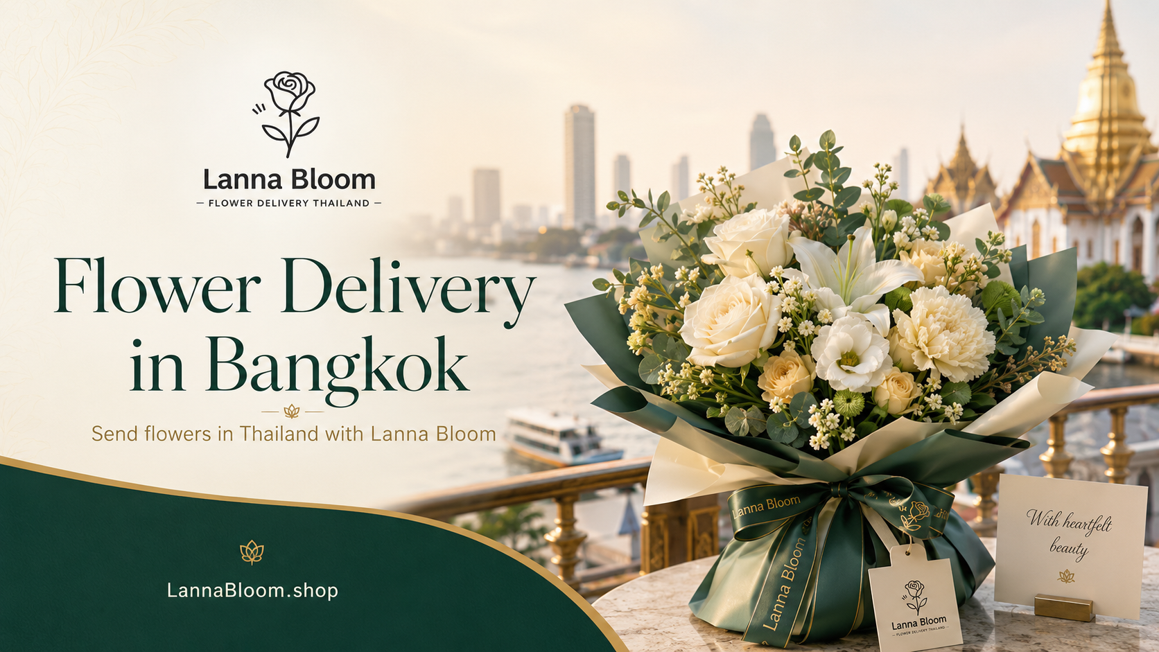 White and cream rose and lily bouquet on a Bangkok riverside terrace, with the city skyline and a temple spire at golden hour, for flower delivery in Bangkok