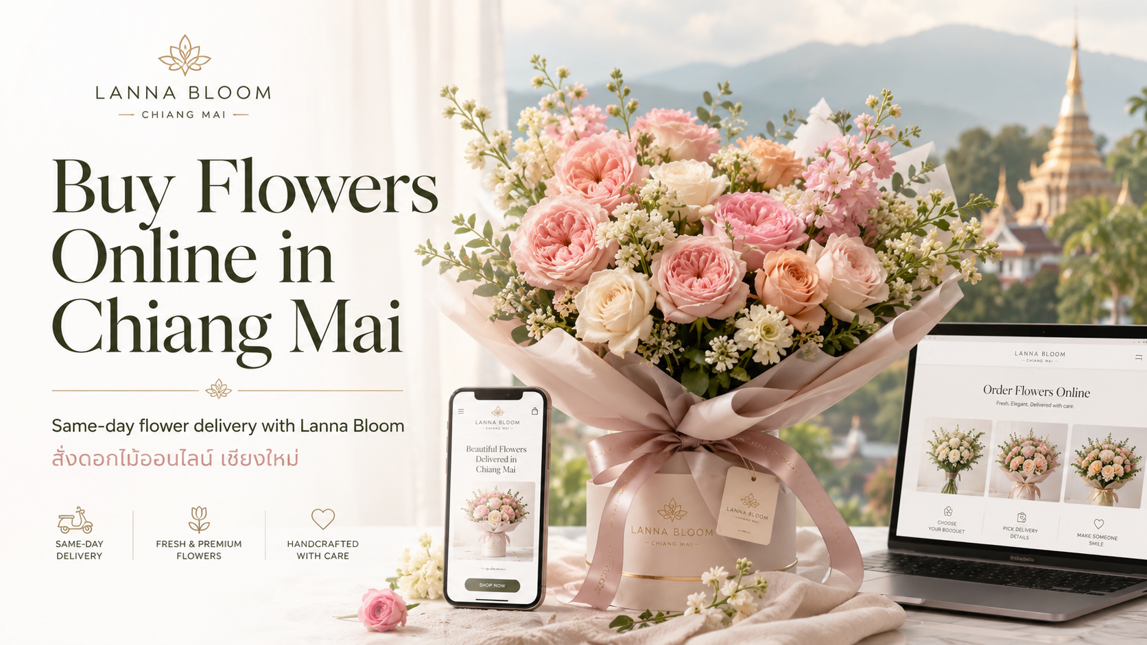 Fresh flower bouquet from Lanna Bloom with laptop showing online flower ordering for Chiang Mai delivery in Thailand